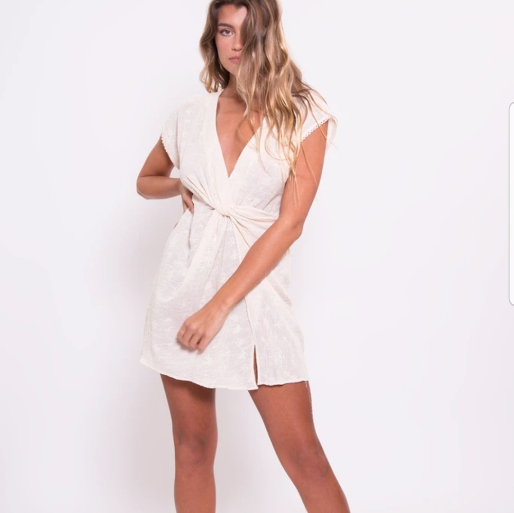 Z&L Europe Dress Celia Mini Tunic Cover Up Embroidered Crochet V-neck Cream S
